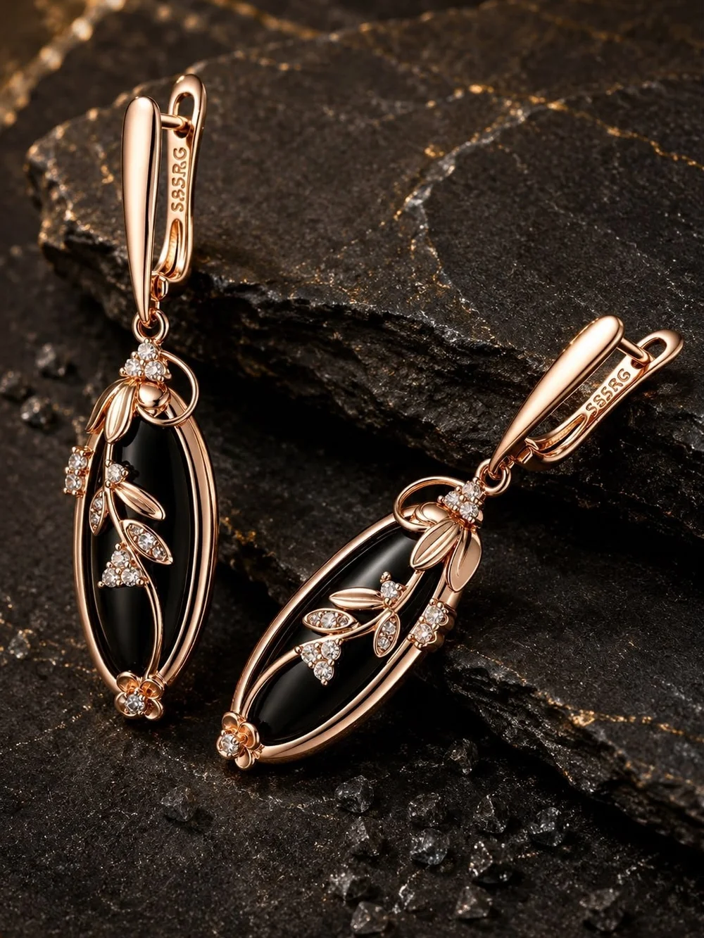 Elegant Rose Gold and Black Onyx Drop Earrings with Crystal Accents